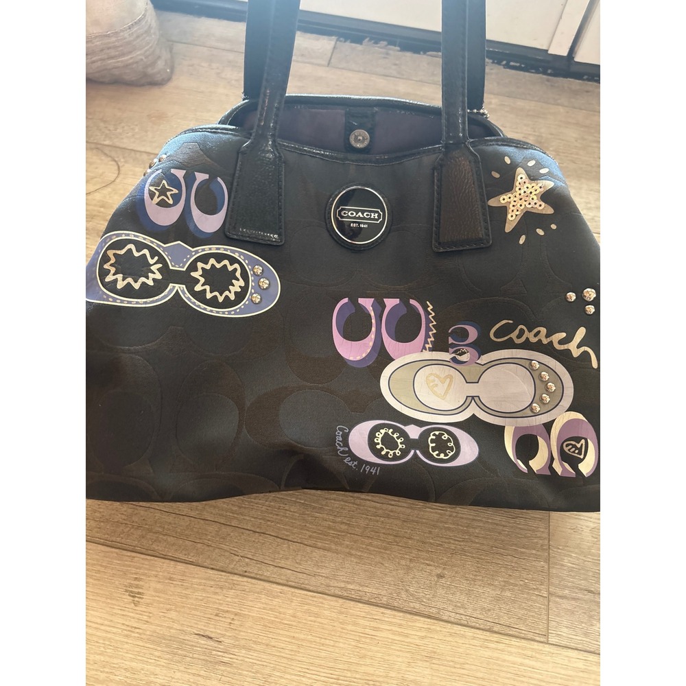 Vintage Coach Poppy Signature Applique Kisslock Tote Black Graffiti Handbag